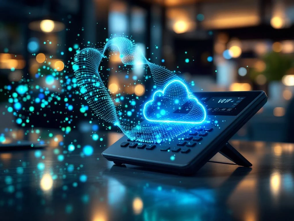 Moderne VoIP bureautelefoon op kantoorbureau met digitale deeltjes en datastromen die cloud-telefonie symboliseren