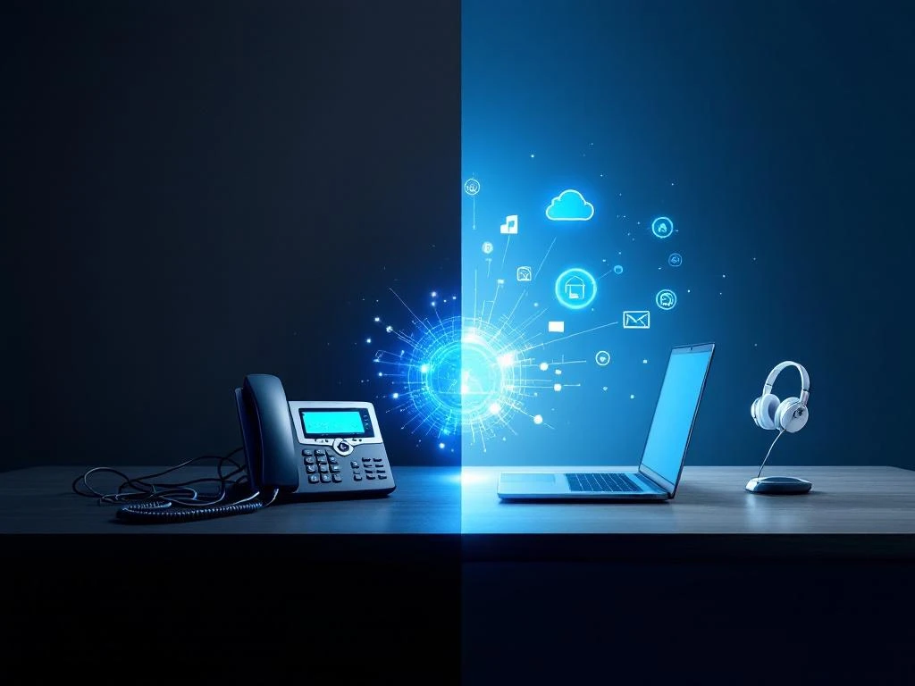 Splitscreen vergelijking van traditionele zwarte bureautelefoon met kabels versus moderne VoIP-opstelling met laptop en headset