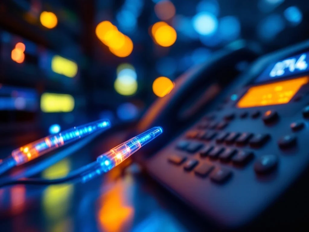 Glasvezelkabels met blauwe lichtstromen naast moderne VoIP-telefoon, netwerkinfrastructuur op achtergrond