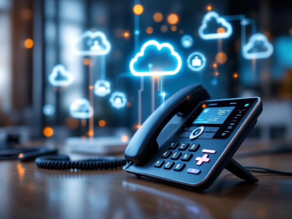 Moderne IP-telefoon op bureau met holografische cloud-iconen en netwerkapparatuur op achtergrond