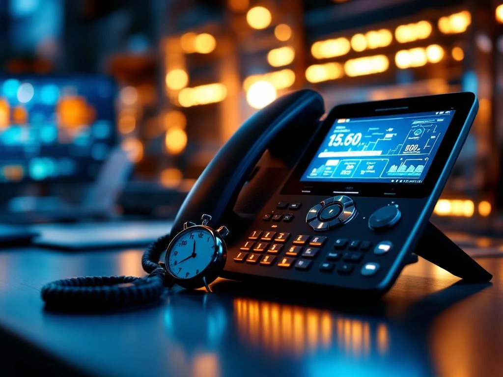 Moderne VoIP-bureautelefoon met verlichte knoppen naast laptop met netwerkdiagrammen en stopwatch op kantoorbureau
