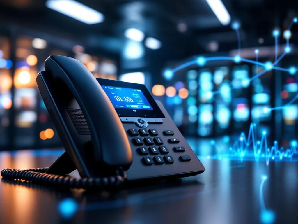 Moderne VoIP bureautelefoon in professioneel kantoor met glasvezelkabels en netwerkinfrastructuur op achtergrond