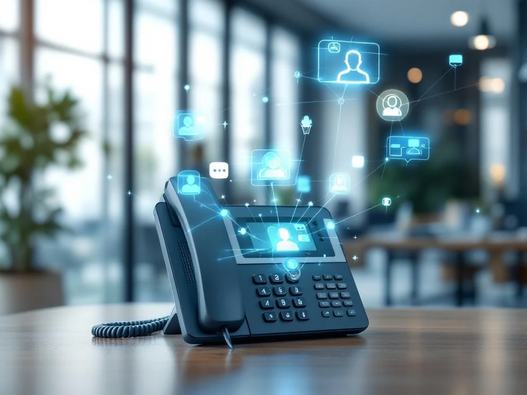 VoIP telefoon op bureau met holografische communicatie-iconen en netwerkverbindingen in modern kantoor