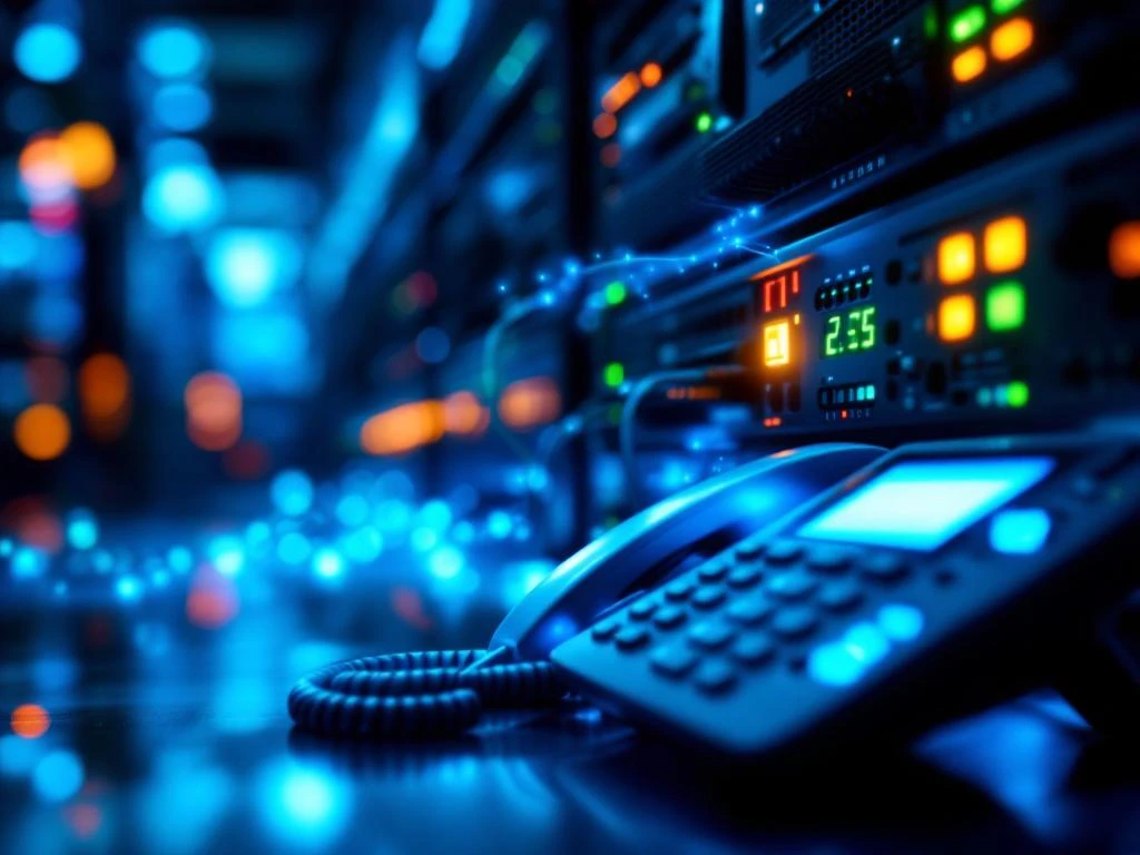 VoIP-telefoon op bureau met netwerkinfrastructuur en verlichte glasvezelkabels in moderne serverruimte