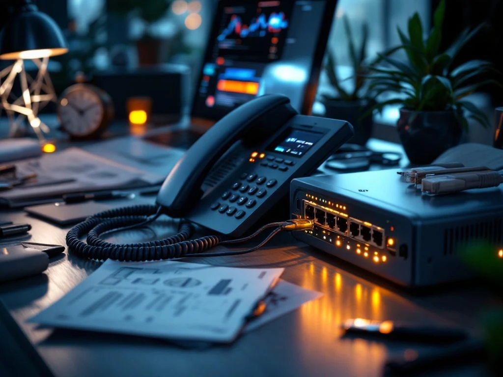Moderne VoIP-telefoon op bureau verbonden met netwerkrouter, laptop toont configuratiediagrammen, professionele installatie