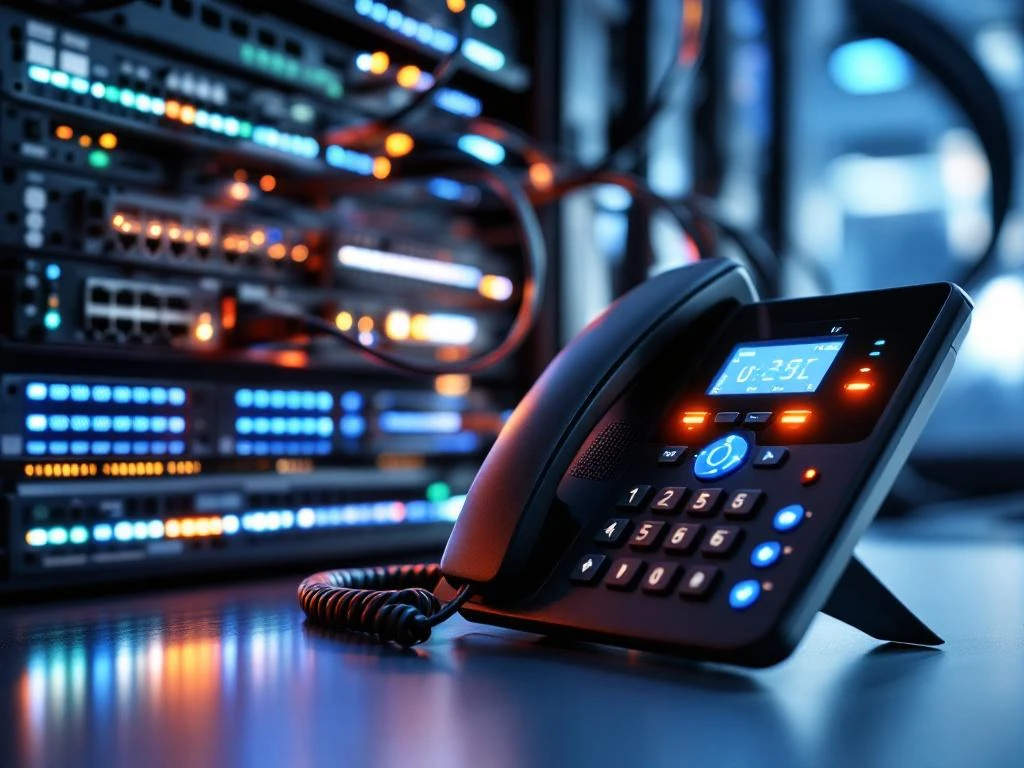 Moderne VoIP bureautelefoon met LED-indicatoren op kantoorbureau, verbonden met netwerk switch en ethernet kabels