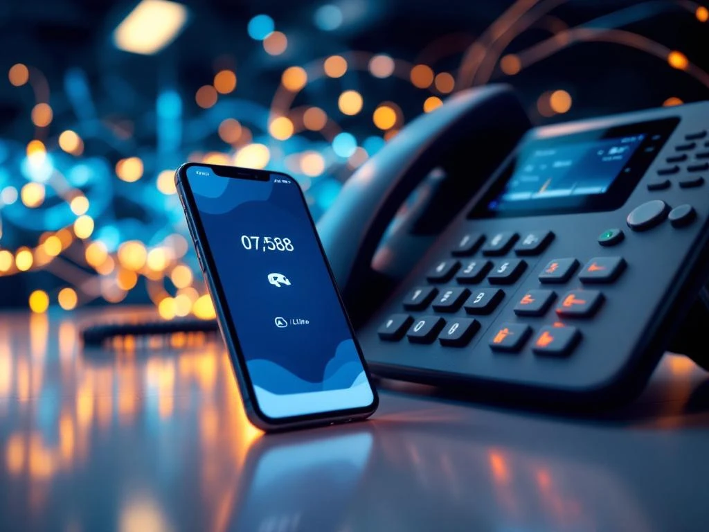 Moderne smartphone en professionele VoIP-telefoon op bureau met glasvezelkabels op achtergrond