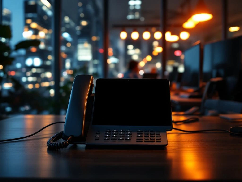 VoIP-telefoon met zwart scherm op bureau tijdens stroomuitval in modern kantoor met noodverlichting en stadslichten