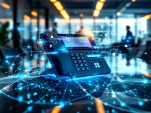 Moderne VoIP-telefoon op glazen vergadertafel met holografische communicatiegolven in professionele kantooromgeving