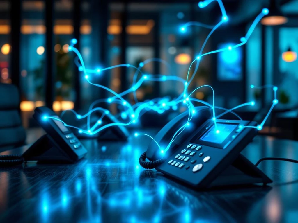 Moderne VoIP-telefoonsysteem op kantoorbureau met gloeiende glasvezelkabels die netwerkverbindingen tonen