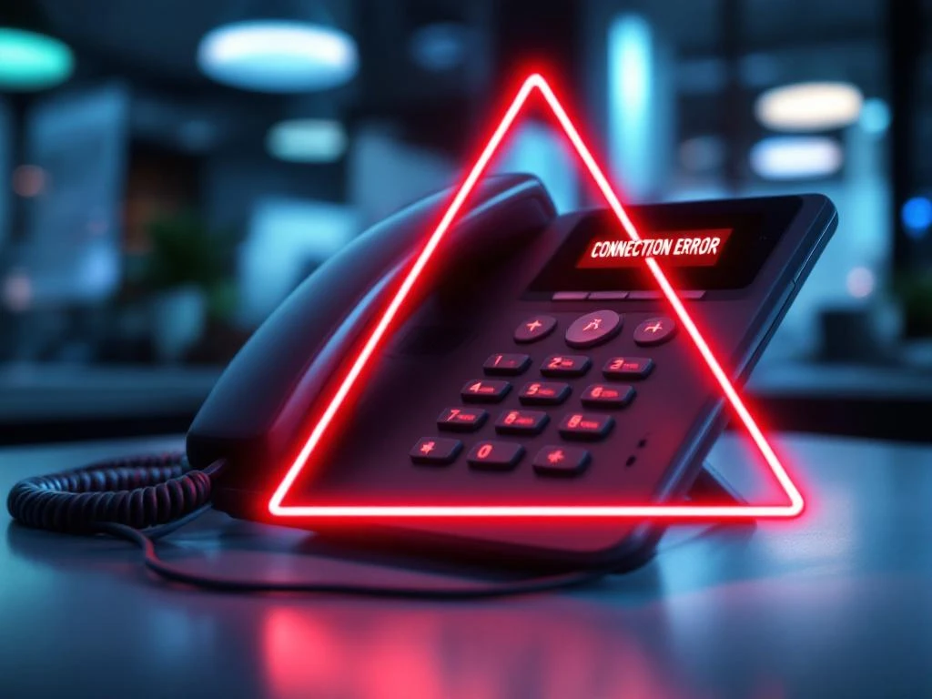 VoIP bureautelefoon met rode waarschuwingsdriehoek en "CONNECTION ERROR" op display, losgekoppelde ethernetkabels