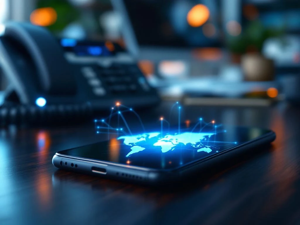 Smartphone met wereldkaart en gloeiende verbindingslijnen naast VoIP-telefoon op houten bureau voor internationale communicatie