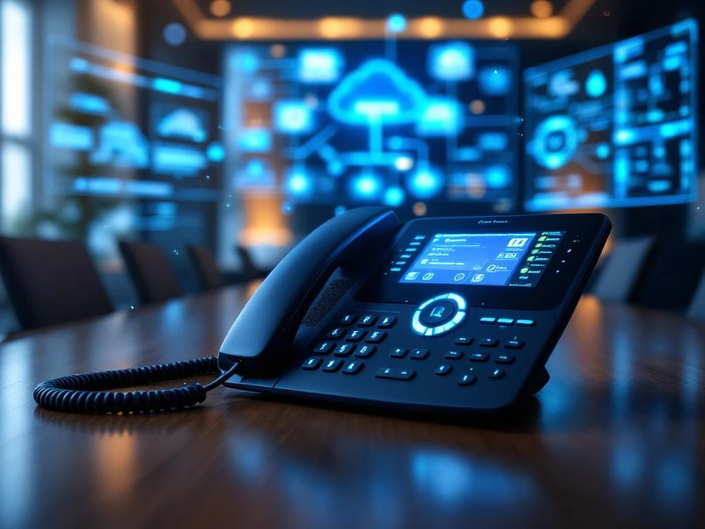 Zwarte VoIP bureautelefoon met blauwe knoppen op houten vergadertafel, schermen tonen netwerkdiagrammen op achtergrond