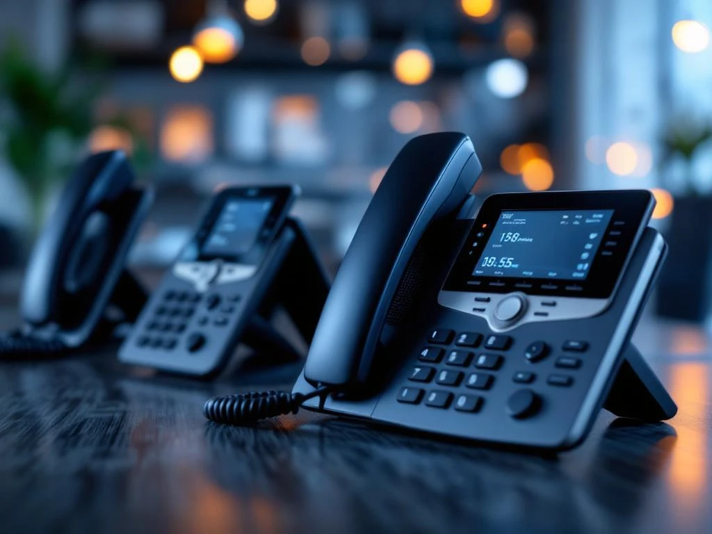 Moderne VoIP-bureautelefoons met LCD-schermen en verlichte knoppen op professioneel kantoorbureau