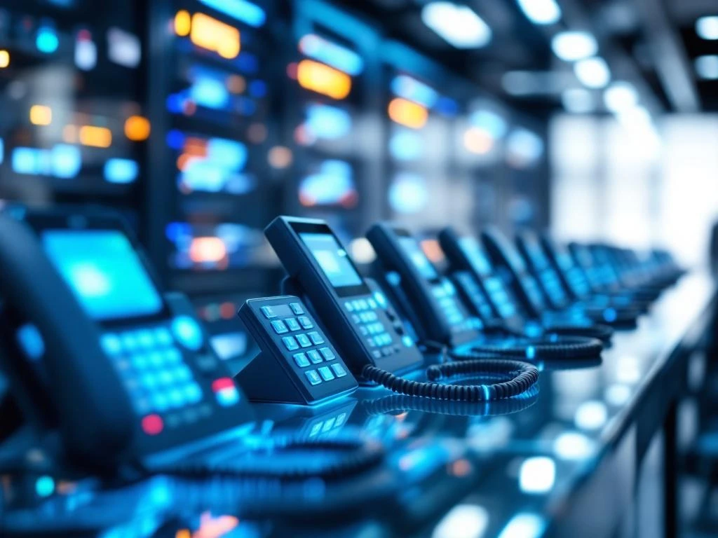 Moderne kantooromgeving met verlichte VoIP-telefoons in rij op glazen bureau, servers op achtergrond