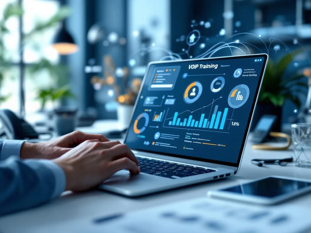 Handen typen op laptop met VoIP-trainingsinterface, omringd door IP-telefoons en headsets op professioneel bureau