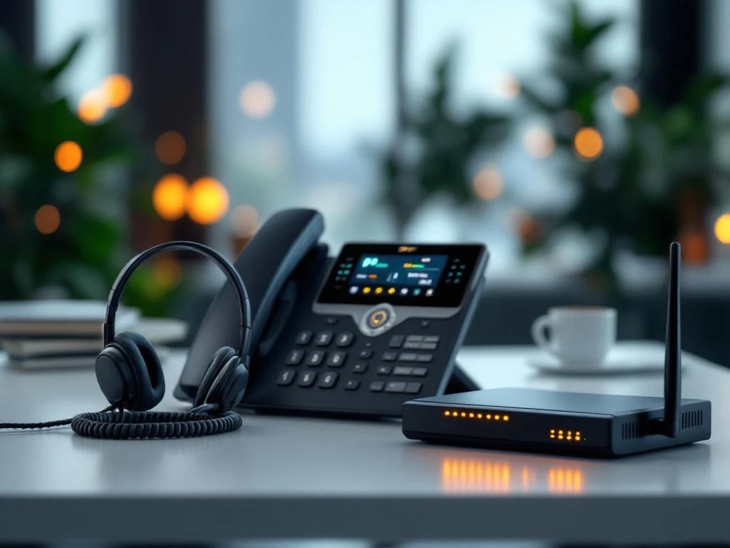 VoIP bedrijfsapparatuur op modern bureau: IP-telefoon, headset, router met LED-indicatoren en netwerkkabels