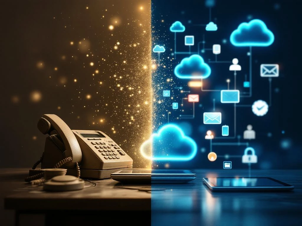 Evolutie van bedrijfscommunicatie: vintage kantoorapparatuur links versus moderne digitale apparaten rechts