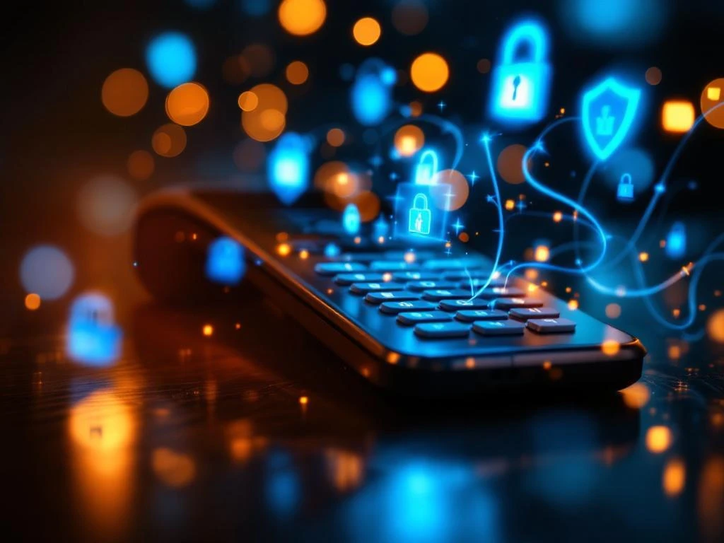 Moderne zakelijke telefoon met zwevende blauwe beveiligingspictogrammen en digitale sloten in donker kantoor