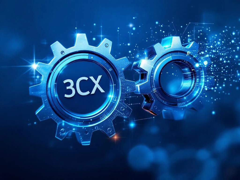 Twee in elkaar grijpende metalen tandwielen in beweging, één met VoIP-telefoon iconen en één met netwerkpatronen, in blauw-zilver