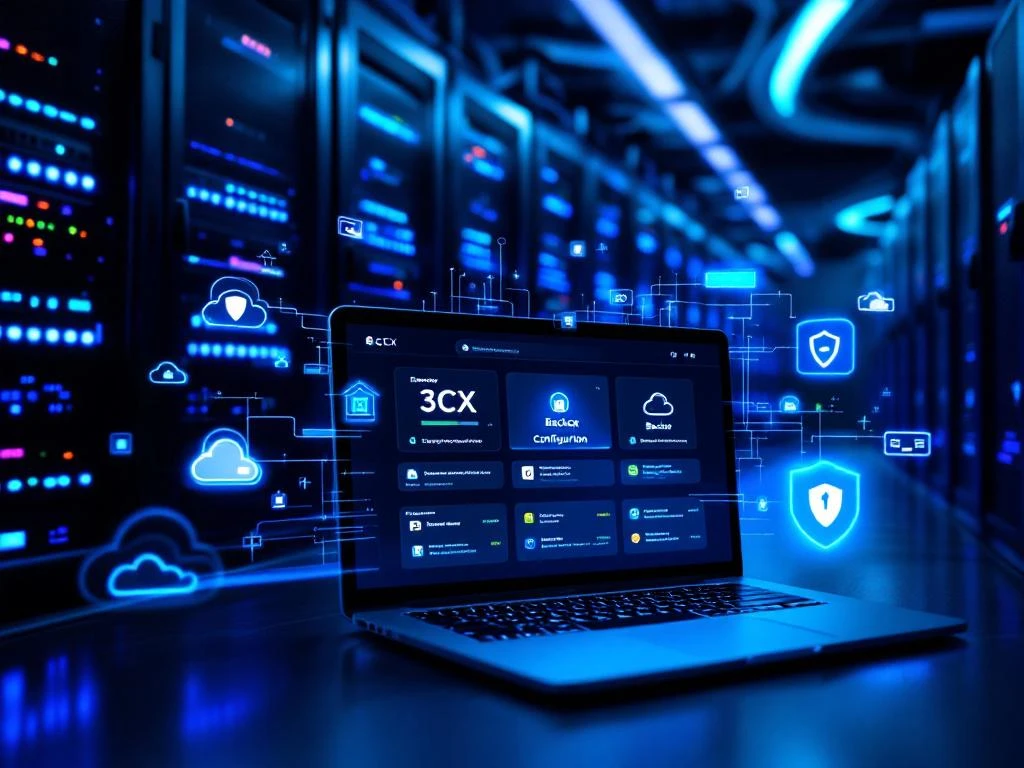 Laptop toont 3CX backup-interface in moderne serverruimte met blauwe LED-verlichting en holografische data-streams