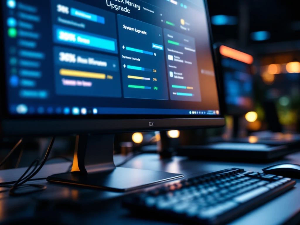 Computermonitor toont 3CX beheerinterface met update-meldingen en voortgangsbalken in professionele kantooromgeving