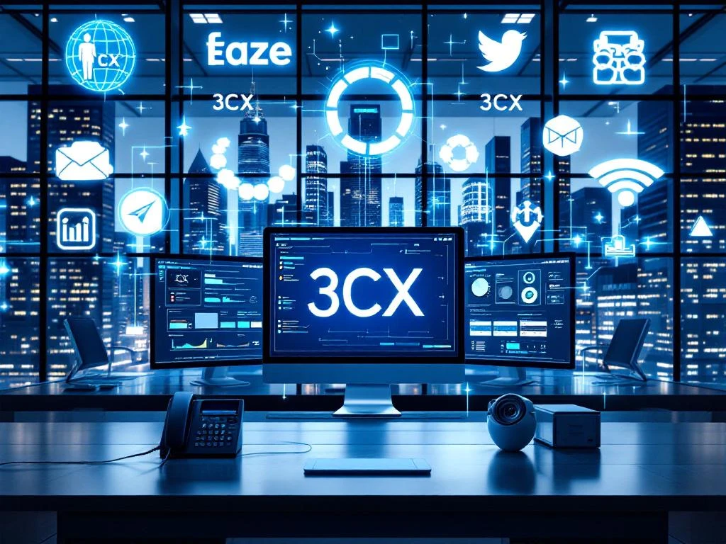 3CX communicatiesysteem interface op monitoren in modern kantoor met holografische bedrijfslogo's en glasvezel kabels