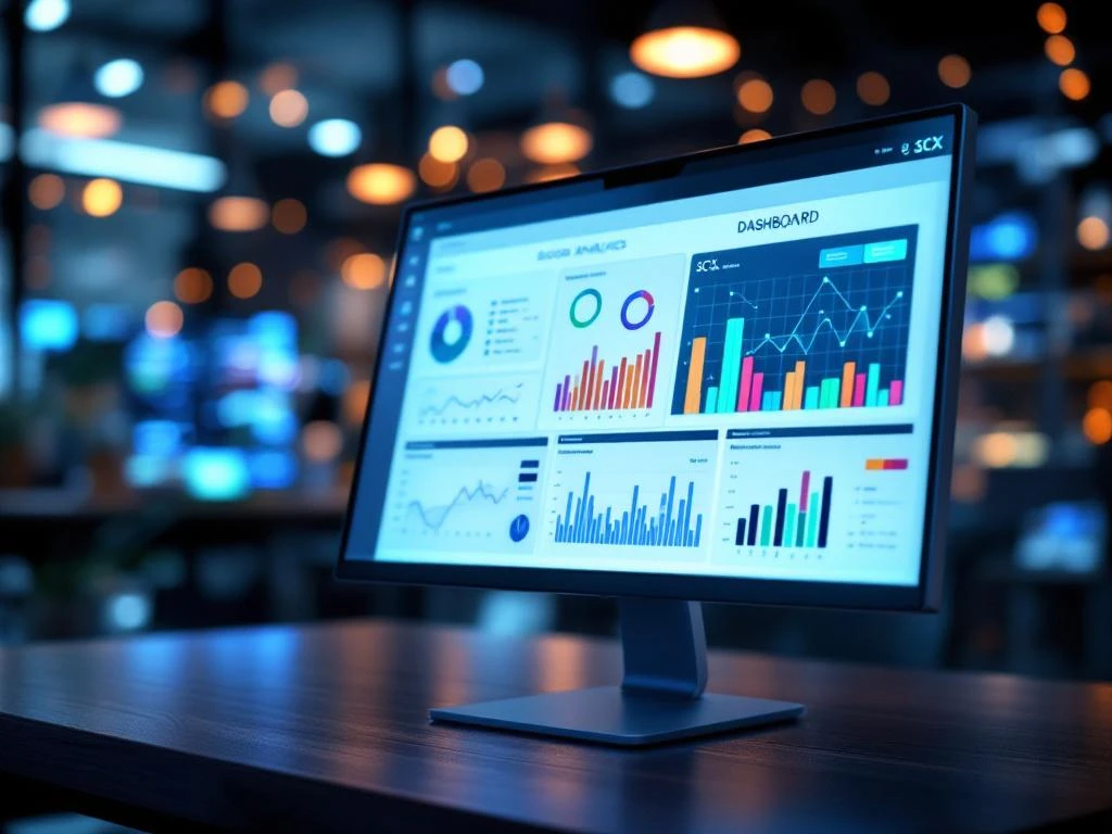 Moderne computermonitor toont kleurrijke 3CX dashboard analytics met grafieken op donkerhouten bureau in professioneel kantoor