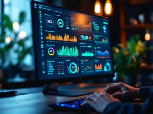 3CX prestatie dashboard op moderne monitor toont kleurrijke real-time grafieken en statistieken in professionele werkruimte