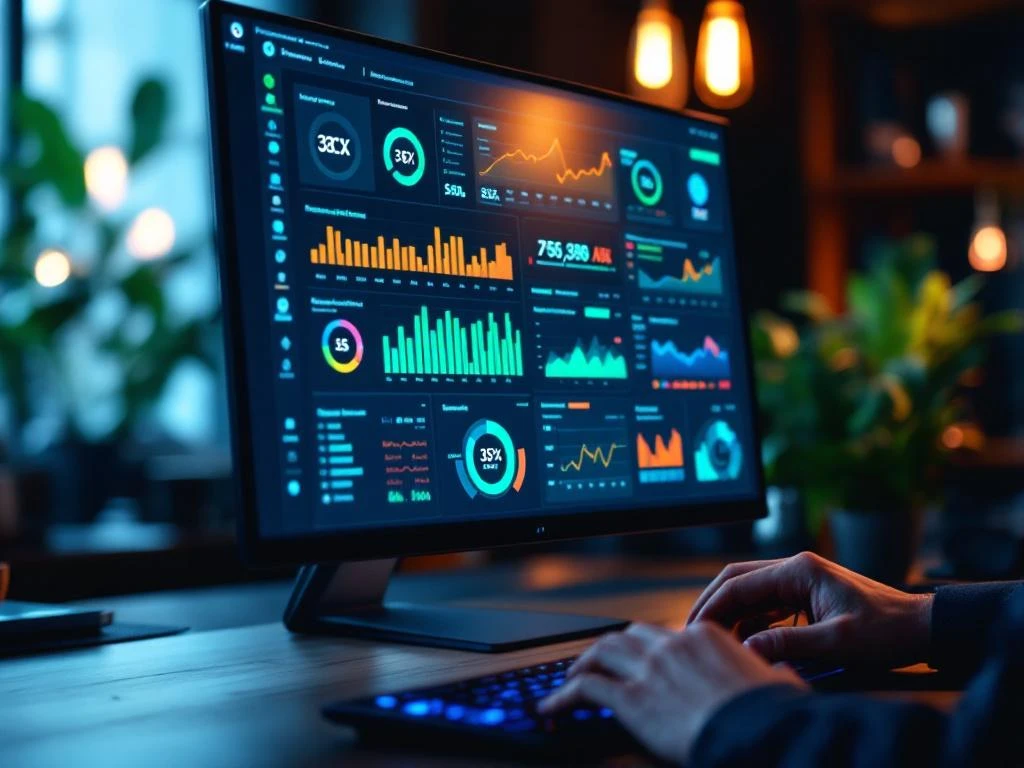 3CX prestatie dashboard op moderne monitor toont kleurrijke real-time grafieken en statistieken in professionele werkruimte