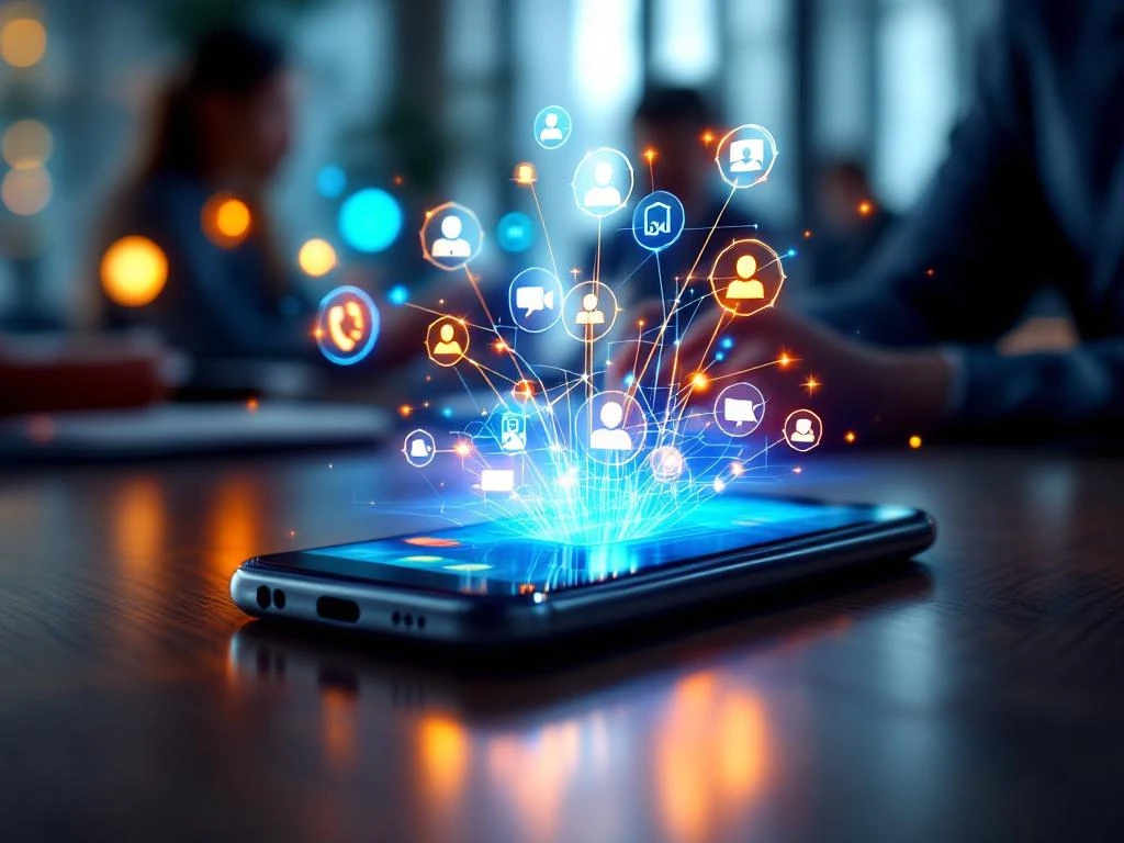 Smartphone met 3CX dashboard op houten bureau met holografische communicatie-iconen in blauw en oranje licht