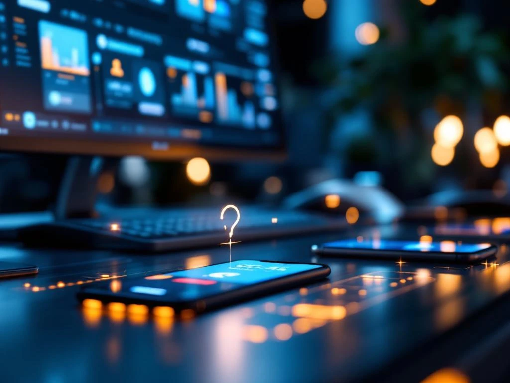 Moderne kantoordesk met verlichte smartphones die oproepwachtrijen tonen en 3CX dashboard op monitor voor professioneel telefoonbeheer