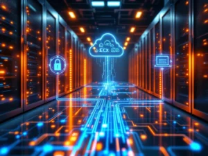 Serverruimte met 3CX communicatiehub en drie gloeiende digitale paden naar disaster recovery symbolen en backupsystemen