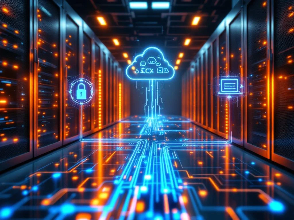 Serverruimte met 3CX communicatiehub en drie gloeiende digitale paden naar disaster recovery symbolen en backupsystemen