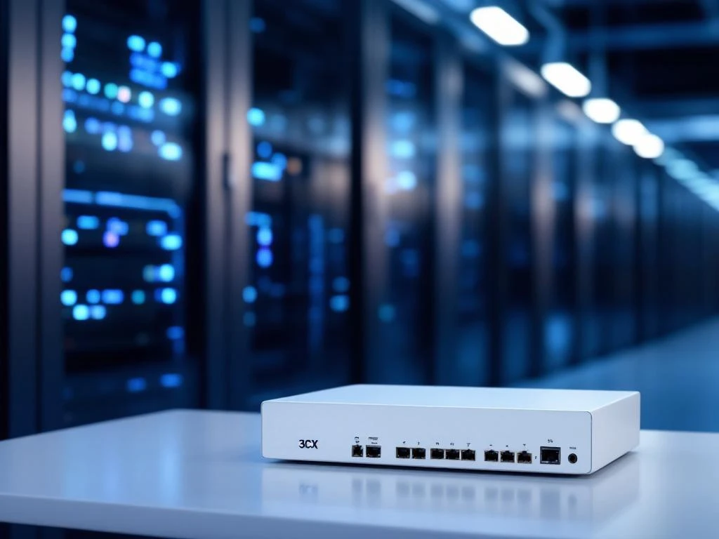 Witte 3CX hardware appliance op bureau met serverrack en blauwe LED-indicatoren in professioneel datacenter