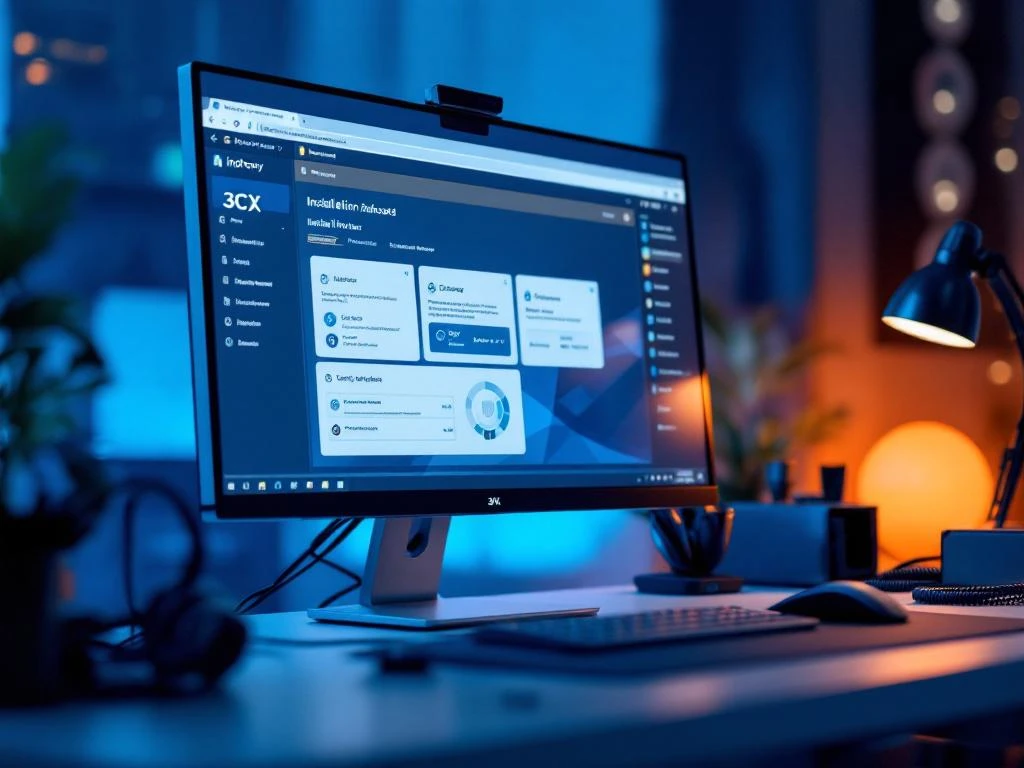 Computermonitor met 3CX dashboard installatie, headset en VoIP-apparatuur op professioneel bureau