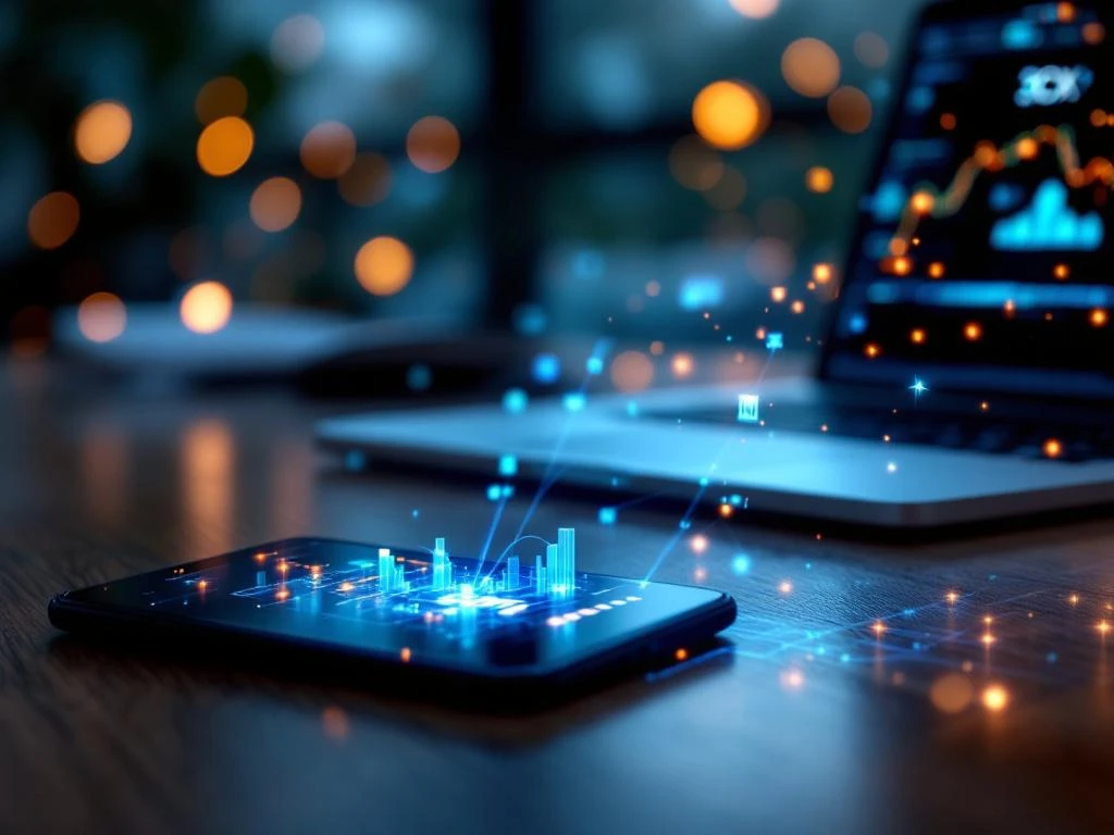 Smartphone en laptop op houten bureau met holografische dataverbindingen en 3CX-interface voor naadloze integratie