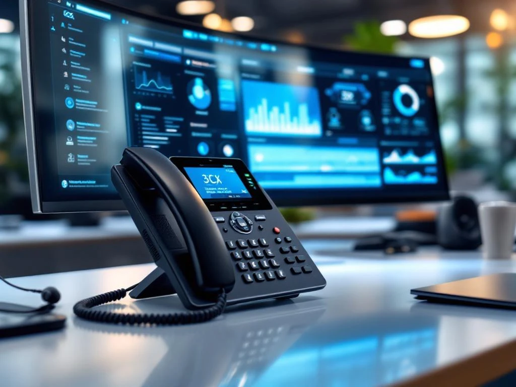 Zwarte IP-telefoon met 3CX-interface op bureau naast ultrawide monitor met call center dashboard en draadloze headset