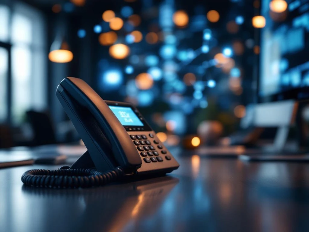 Moderne IP-telefoon op kantoorbureau met 3CX-interface op monitor, professionele zakelijke communicatietechnologie