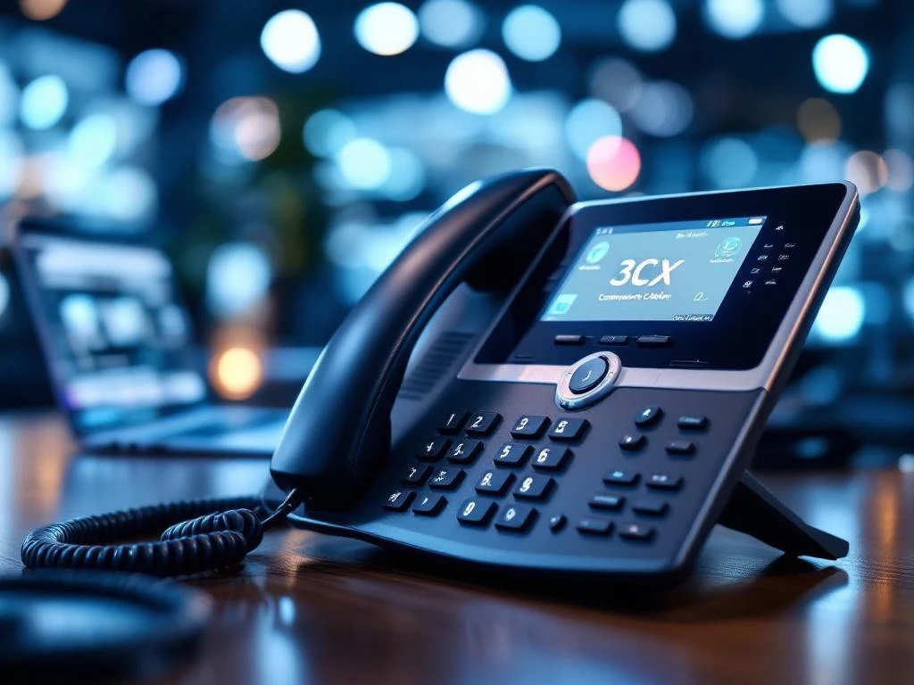 Moderne 3CX IP-telefoon op kantoorbureau met LCD-display, ethernet kabels en laptop met communicatie-iconen