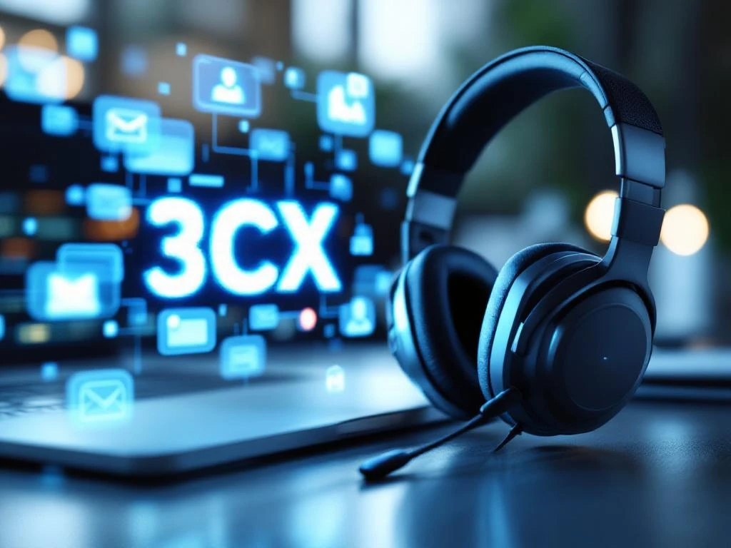 Moderne customer service headset naast 3CX logo hologram met zwevende digitale support iconen in blauw licht