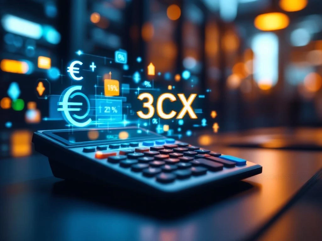 Moderne calculator toont "3CX" op scherm met holografische kostsymbolen in blauw-oranje kleurenpalet op donker bureau