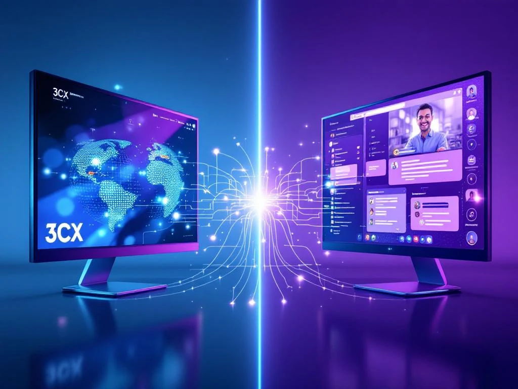 Gesplitst scherm toont 3CX en Microsoft Teams interfaces verbonden door lichtgevende glasvezelkabels op blauw-paarse achtergrond