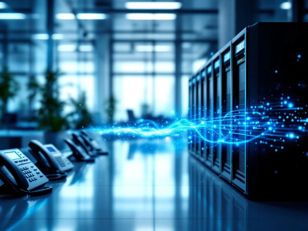 Moderne kantooromgeving met telefoonsystemen links en verlichte 3CX server rechts, verbonden door datastroom visualisatie