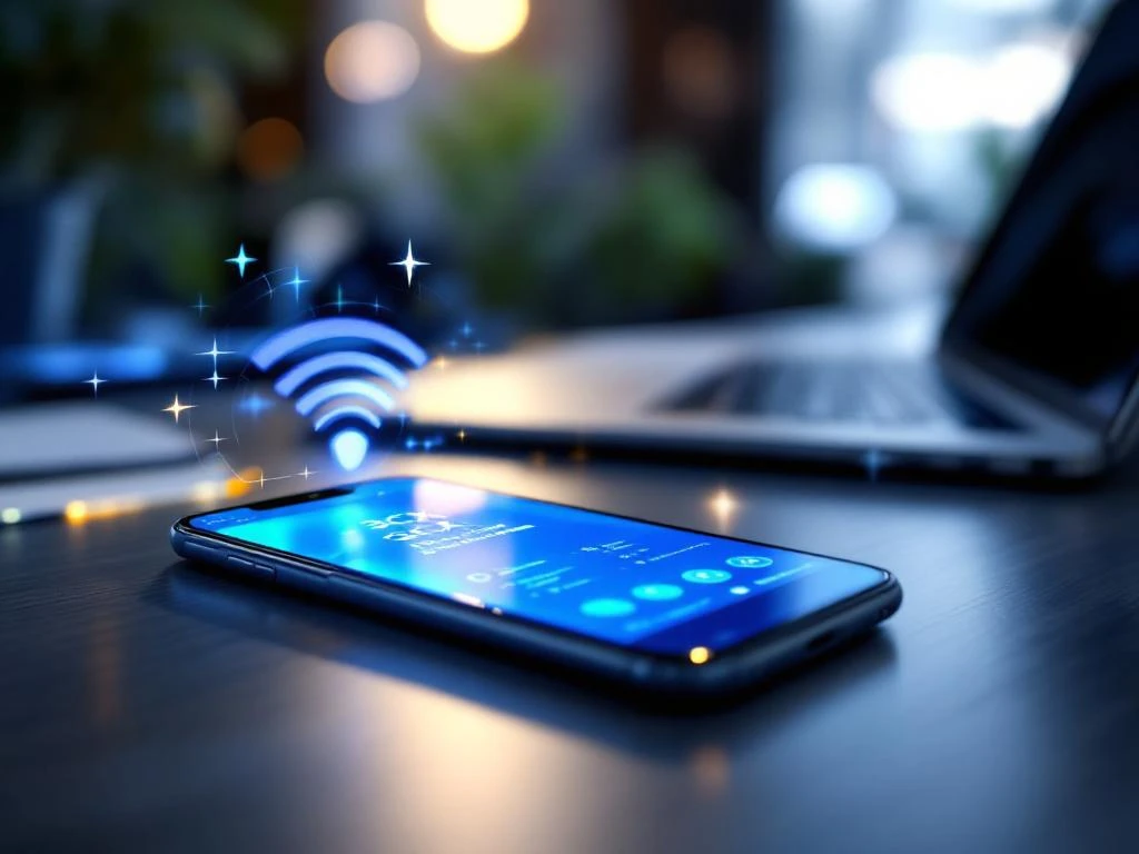 Smartphone met 3CX mobiele app interface op kantoorbureau met draadloze signalen en laptop op achtergrond