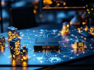 Moderne kantoorbureau met 3CX telefoonsysteem verbonden via gloeiende netwerkkabels naar miniatuur kantoorgebouwen