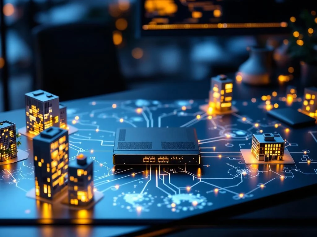 Moderne kantoorbureau met 3CX telefoonsysteem verbonden via gloeiende netwerkkabels naar miniatuur kantoorgebouwen