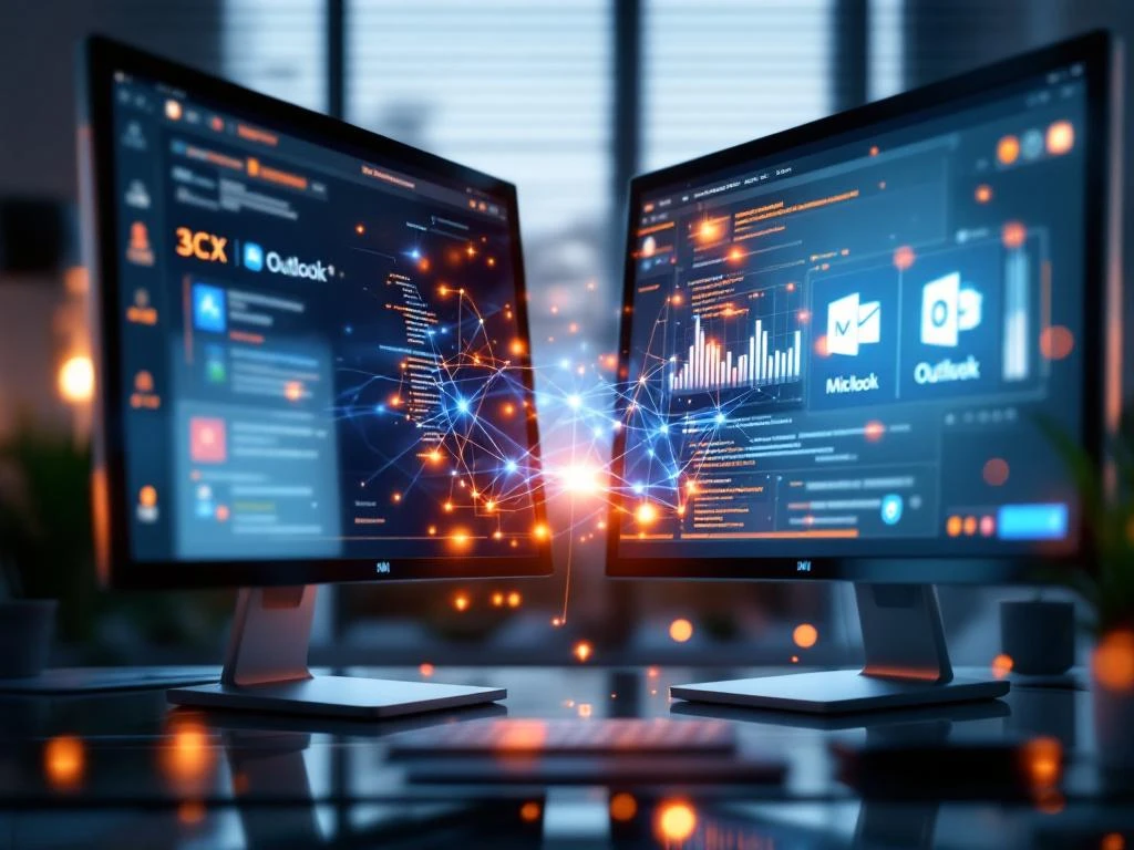 Twee computermonitoren tonen 3CX en Microsoft Outlook interfaces, verbonden door blauwe glasvezelkabels op moderne kantoordesk