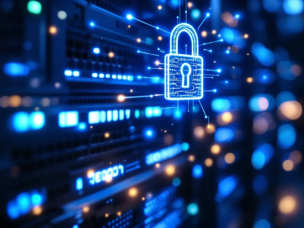 Moderne serverrack met blauwe LED-indicatoren en zwevend digitaal hangslot hologram voor cybersecurity en 3CX-logo