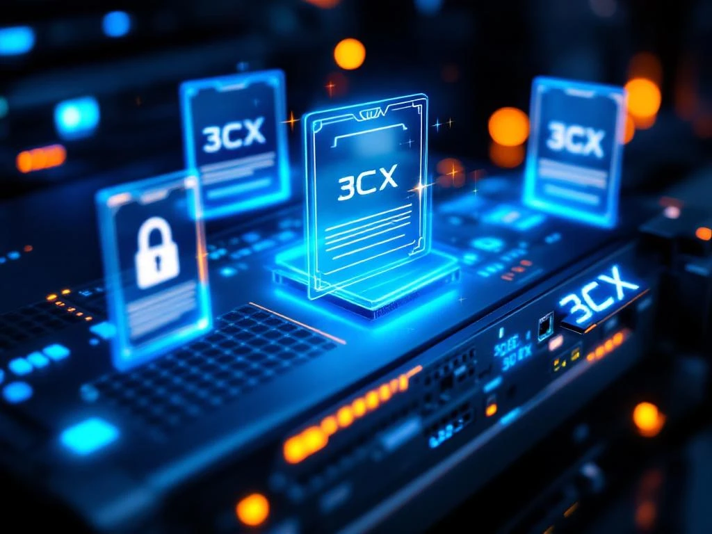 Moderne serverrack met blauwe LED-indicatoren, zwevende softwarelicenties en 3CX-logo op metallic oppervlak